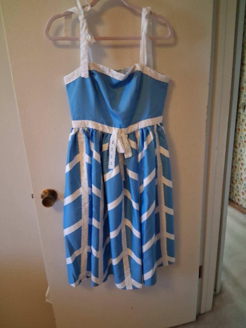 1950s Blue & White Chevron Eyelet Swing Dress, M, NWT - Picture 2 of 6